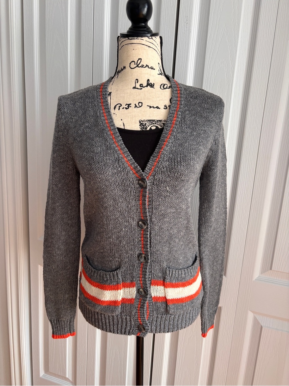 Forever 21 Gray V-Neck Button Cardigan with Orange-White Stripe